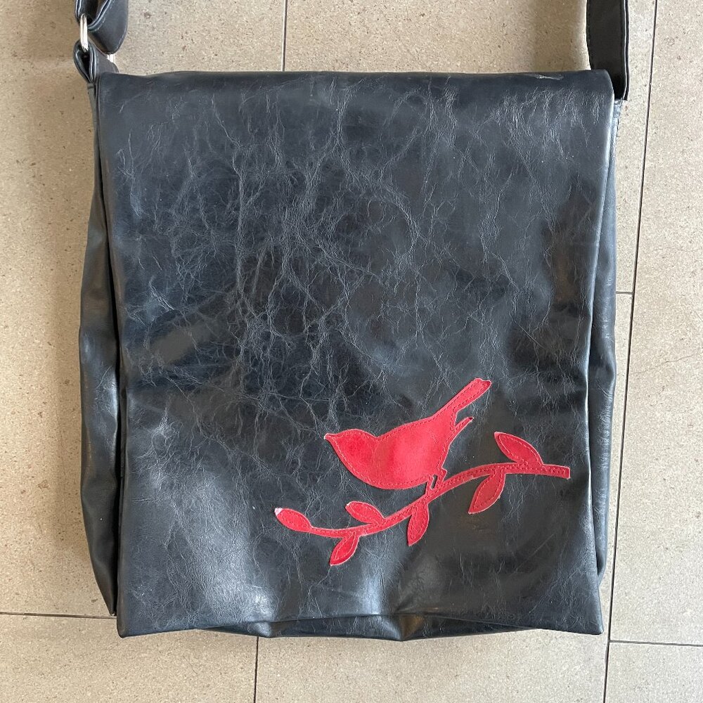 Black faux leather vegan Satchel Messenger Bag with Red Bird